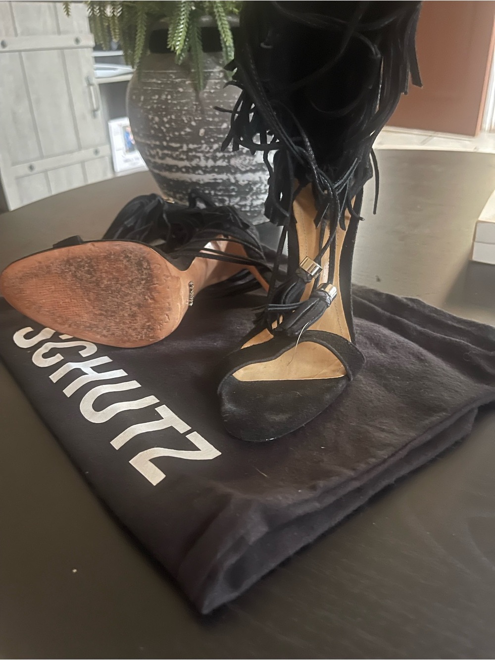 SCHUTZ Black Suede Fringe Lace-Up Stiletto Sandals - Picture 4 of 4